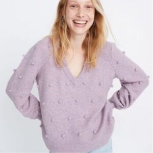 Madewell Bobble Dashwood V-Neck Sweater heather lilac Size Medium Raised poms